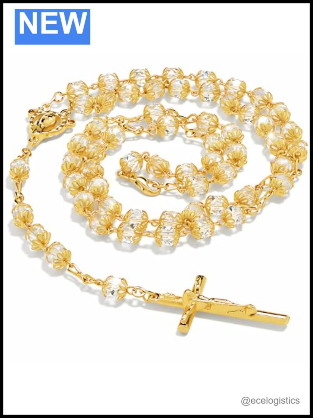 24K Gold Plated Crystal Rosary Crucifix Necklace Prayer Beads 30"
